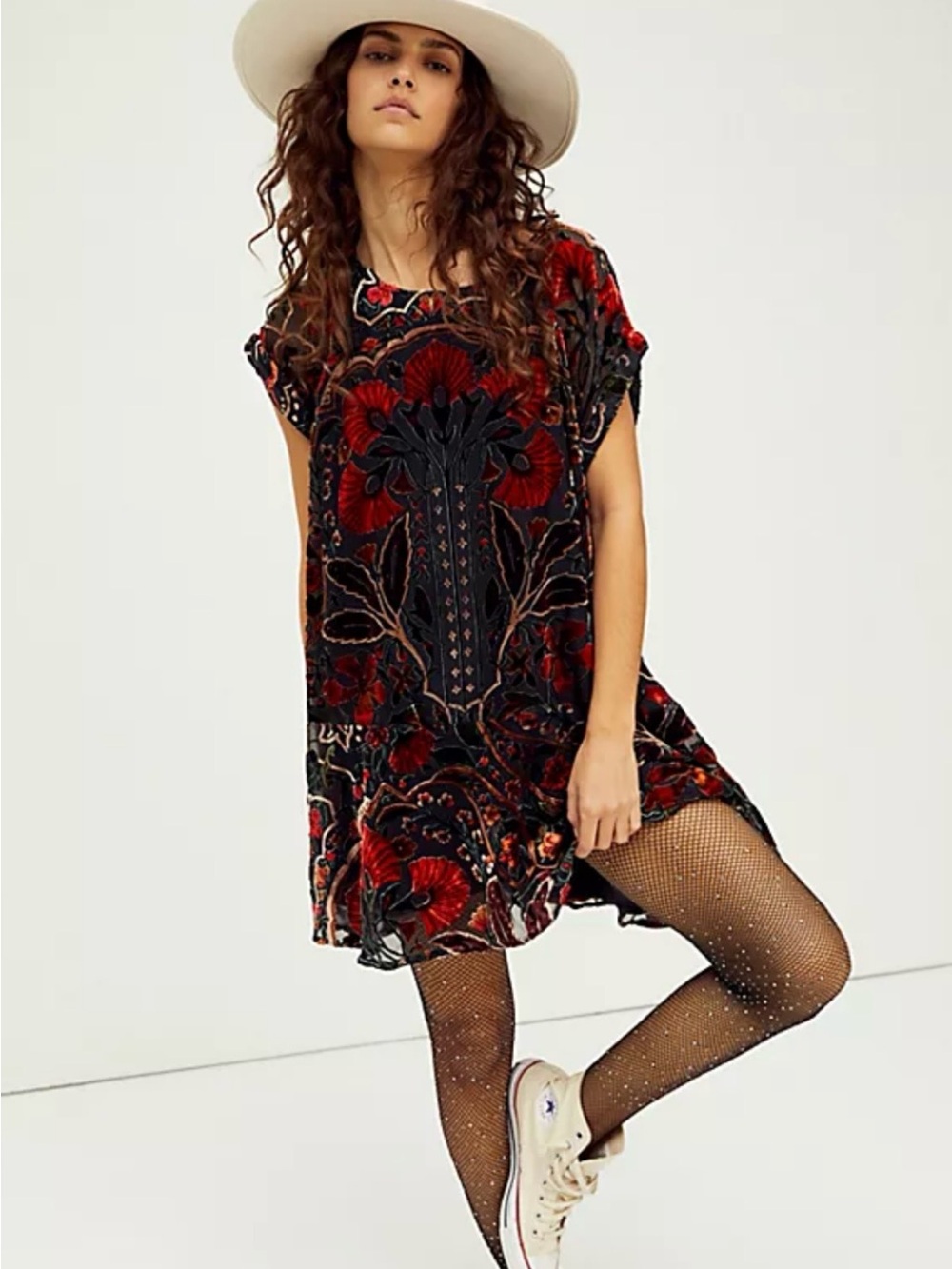 Free People Strawberry Fields Velvet Burnout Mini Dress black red medium